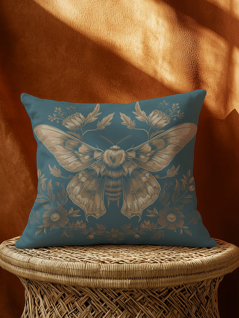 Decorative pillow cover featuring a large golden moth or butterfly design with detailed wings, surrounded by floral motifs and botanicals, printed on a deep teal blue linen fabric background.